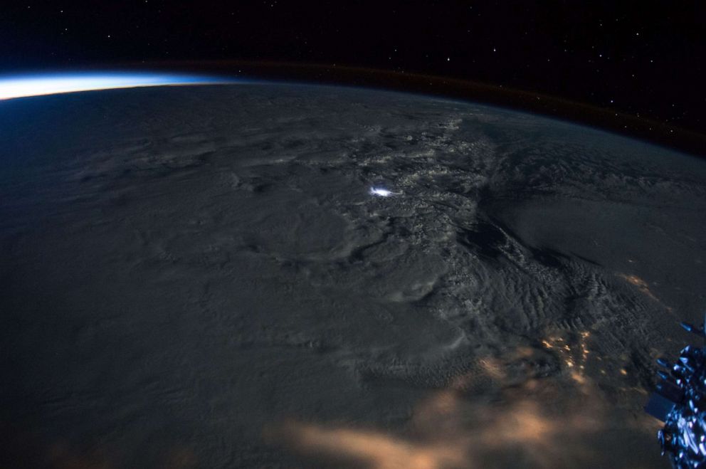 Thunderstorm lightning strike. Satellite view during Winter Storm Jonas