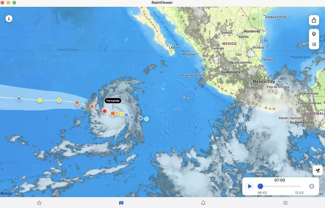 Hurricane Fernanda on the RainViewer satellite map