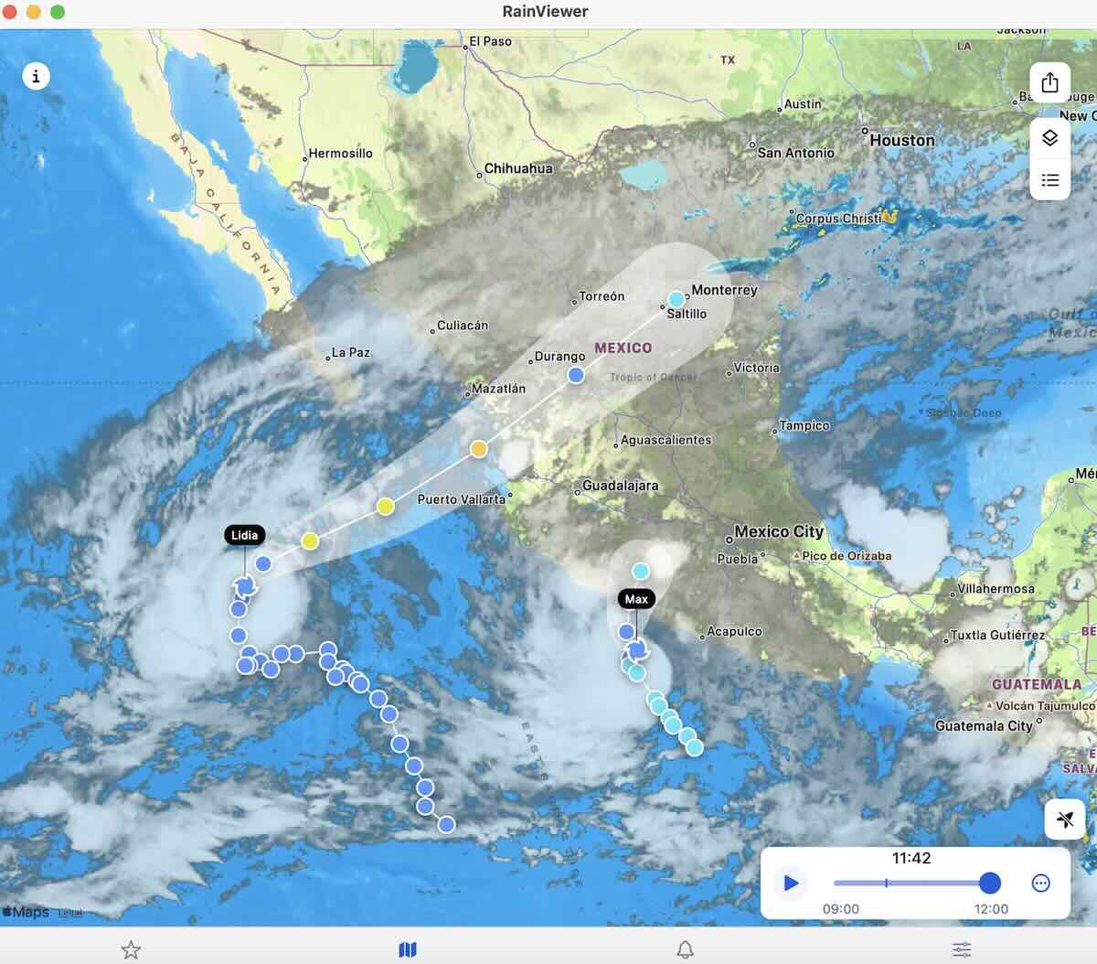 Hurricane Lidia's path on the RainViewer map