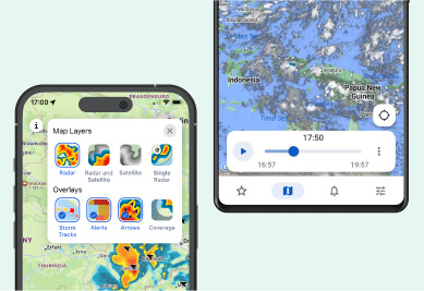 Imagens de telefones com o aplicativo RainViewer aberto, mostrando o mapa de radar e o mapa de satélite