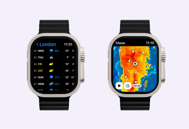 Снимок экрана часов Apple с открытым приложением RainViewer, показывающим прогноз погоды и карту радара
