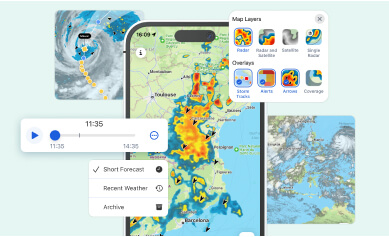 Abbildungen von Handys, die den Weg des Sturms und seine Informationen auf der Karte zeigen