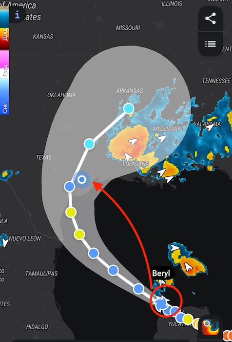 Hurricane Beryl Path in the RainViewer app