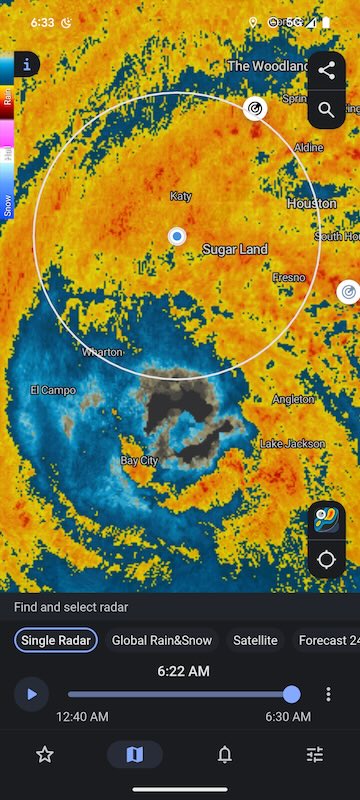 Hurricane Beryl precipitation on RainViewer rain radar map