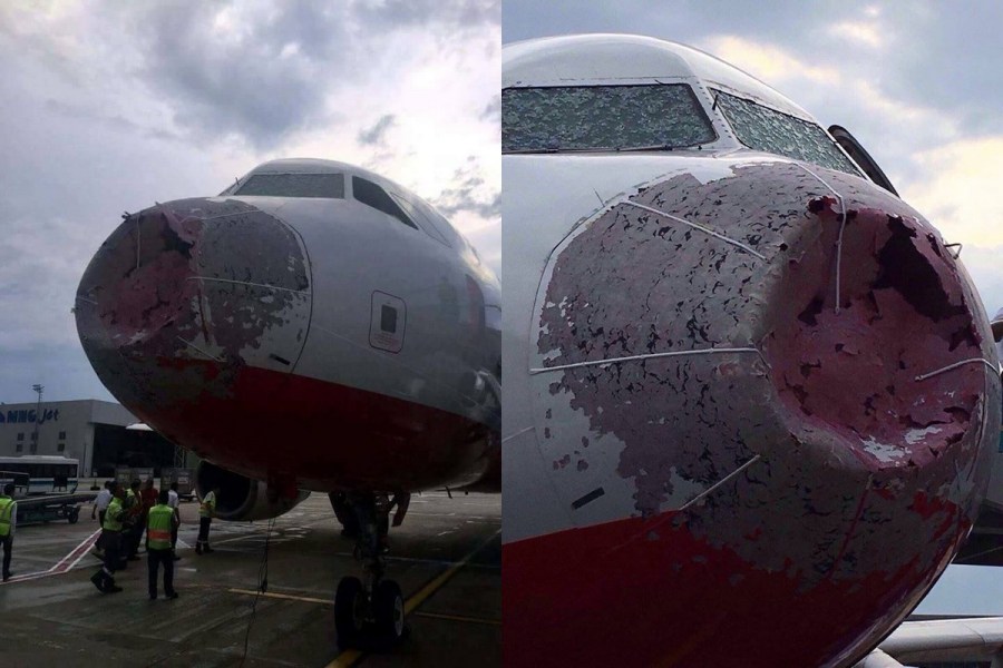 Hailstorm in Istanbul 2017: Damaged nose of an airplane