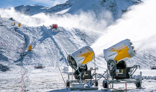 Snow spraying cannon in Swiss Alps, 2022