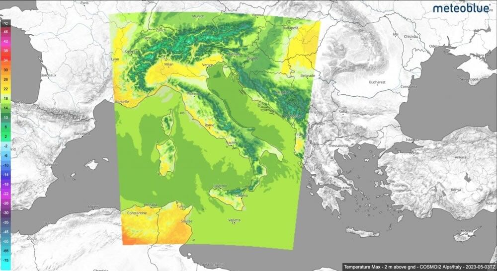 ICON-EU, a regional forecast model for Europe, showing temperature over Italian Alps