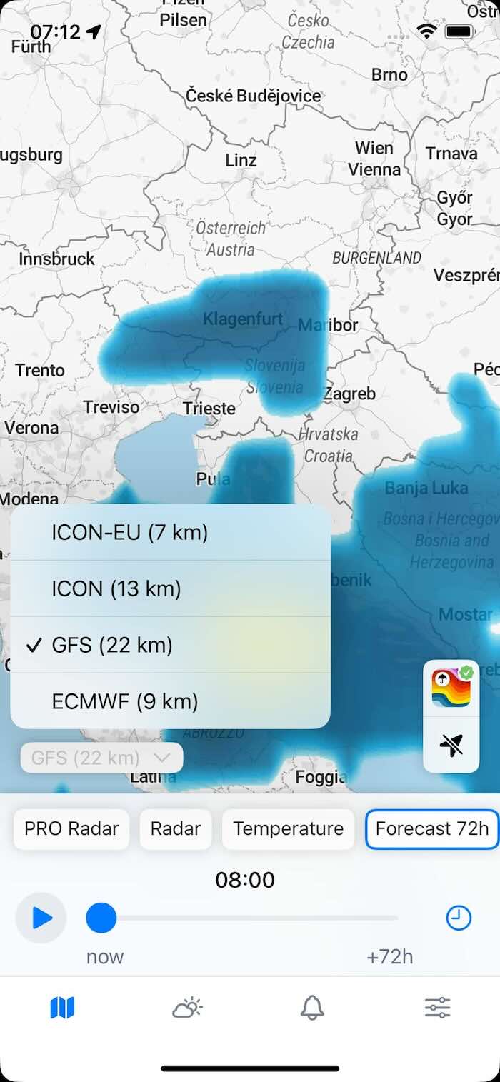 Forecast models in the Rain Viewer app