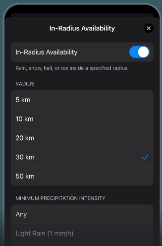 Precipitation alerts in Rain Viewer