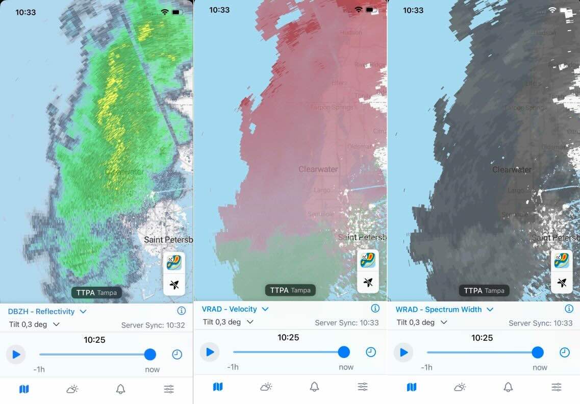 Reflectivity vs Velocity vs Spectrum Width in Rain Viewer PRO Radar