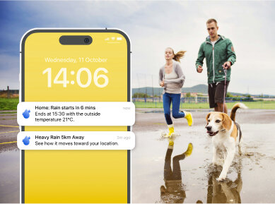 Abbildung des Telefons mit geöffneter RainViewer-App und stündlicher Wettervorhersage