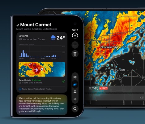 Оновлена вкладка «Прогноз» RainViewer на складеному iPhone Duo поруч із радарною картою на розгорнутому екрані